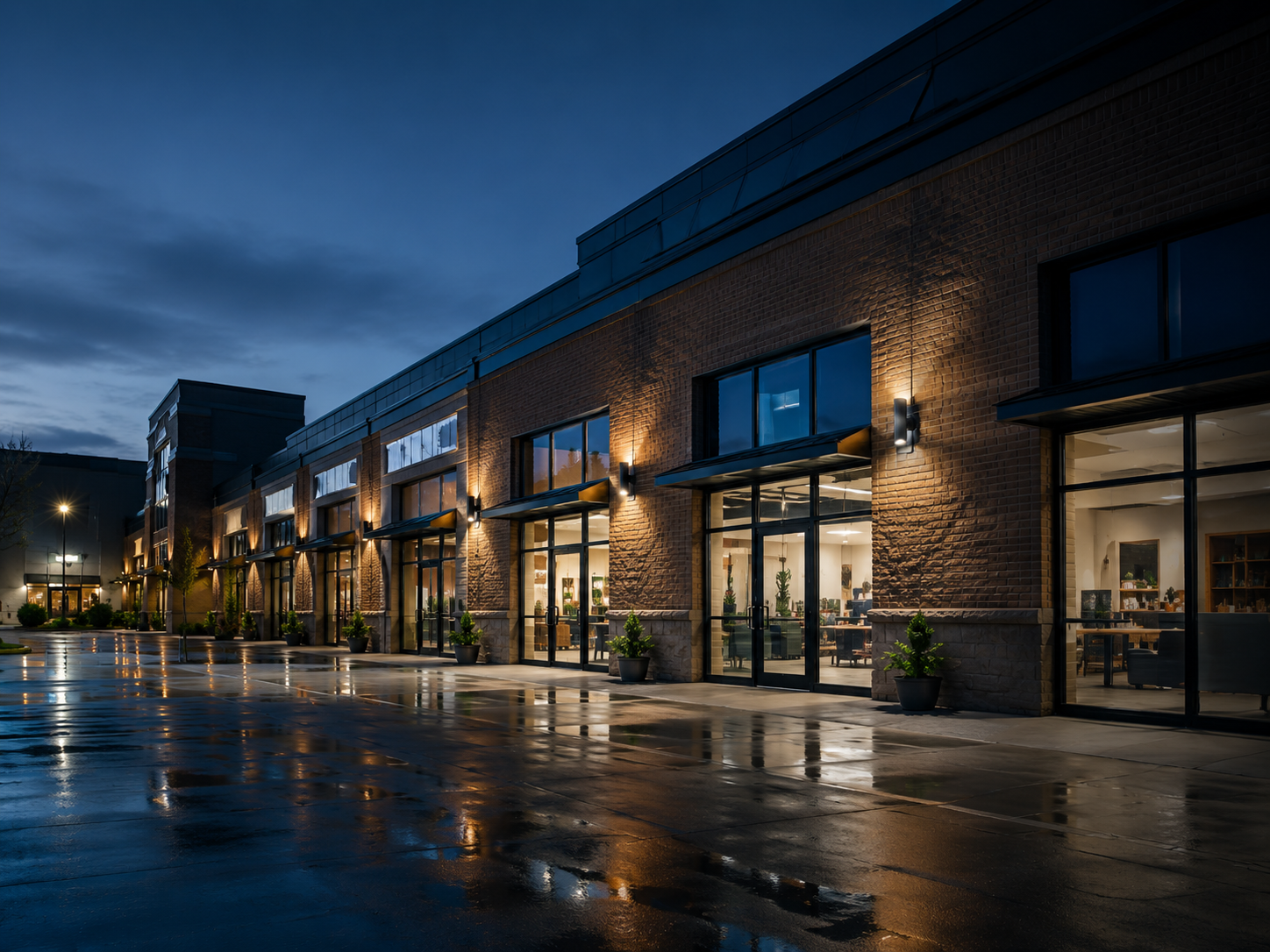 Clean commercial plaza at night with polished walkways
