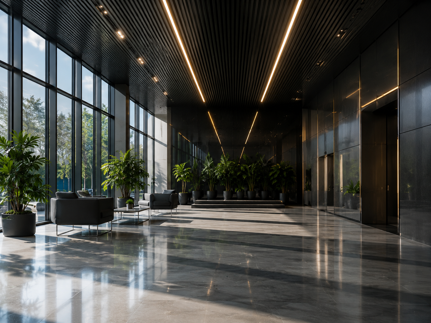 Modern office building lobby with polished floors
