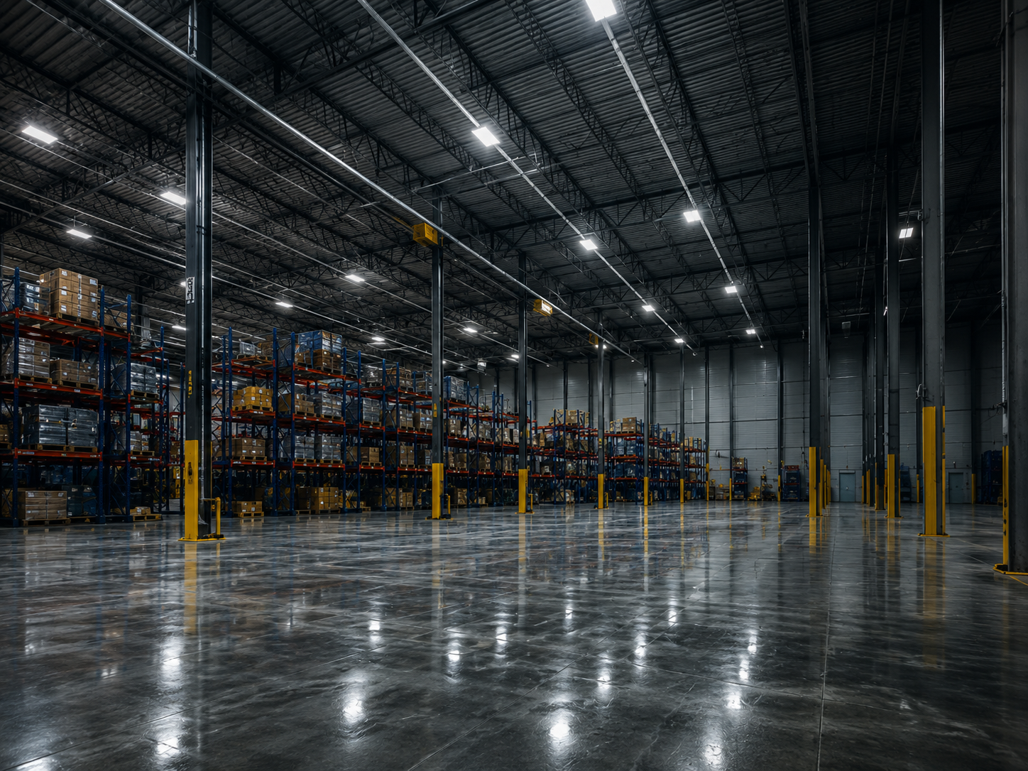 Clean warehouse and distribution center with polished concrete floor